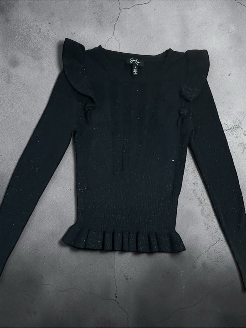 Jessica Simpson Black Sparkle Ruffle-Trim Long Sleeve Top